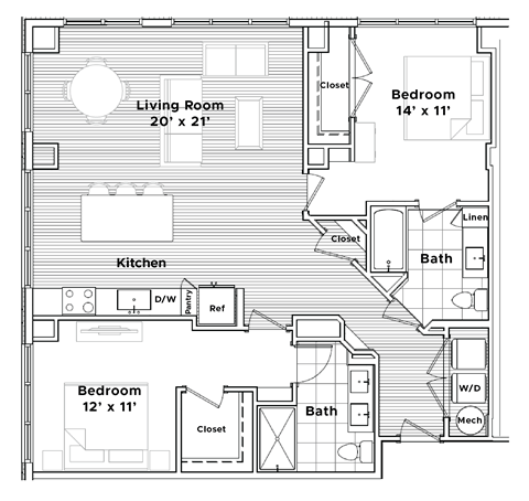 Floor plan for 2 beds, 2 baths, 1245 sqft